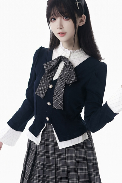 カレッジスリムフェイクツーピーストップス+チェックキュロット