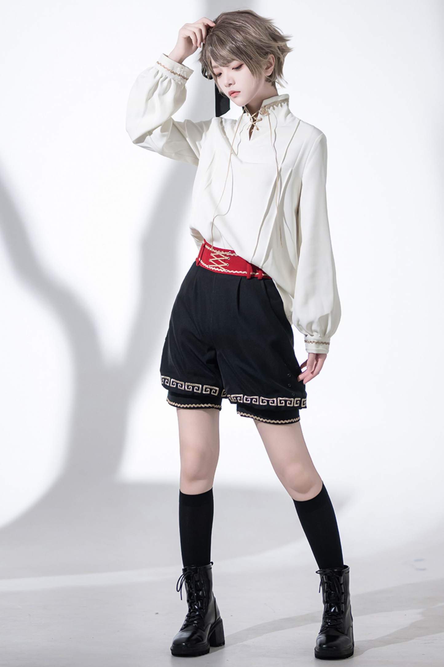 レトロスタンドカラーシャツ+ハーフパンツ+ジャケット