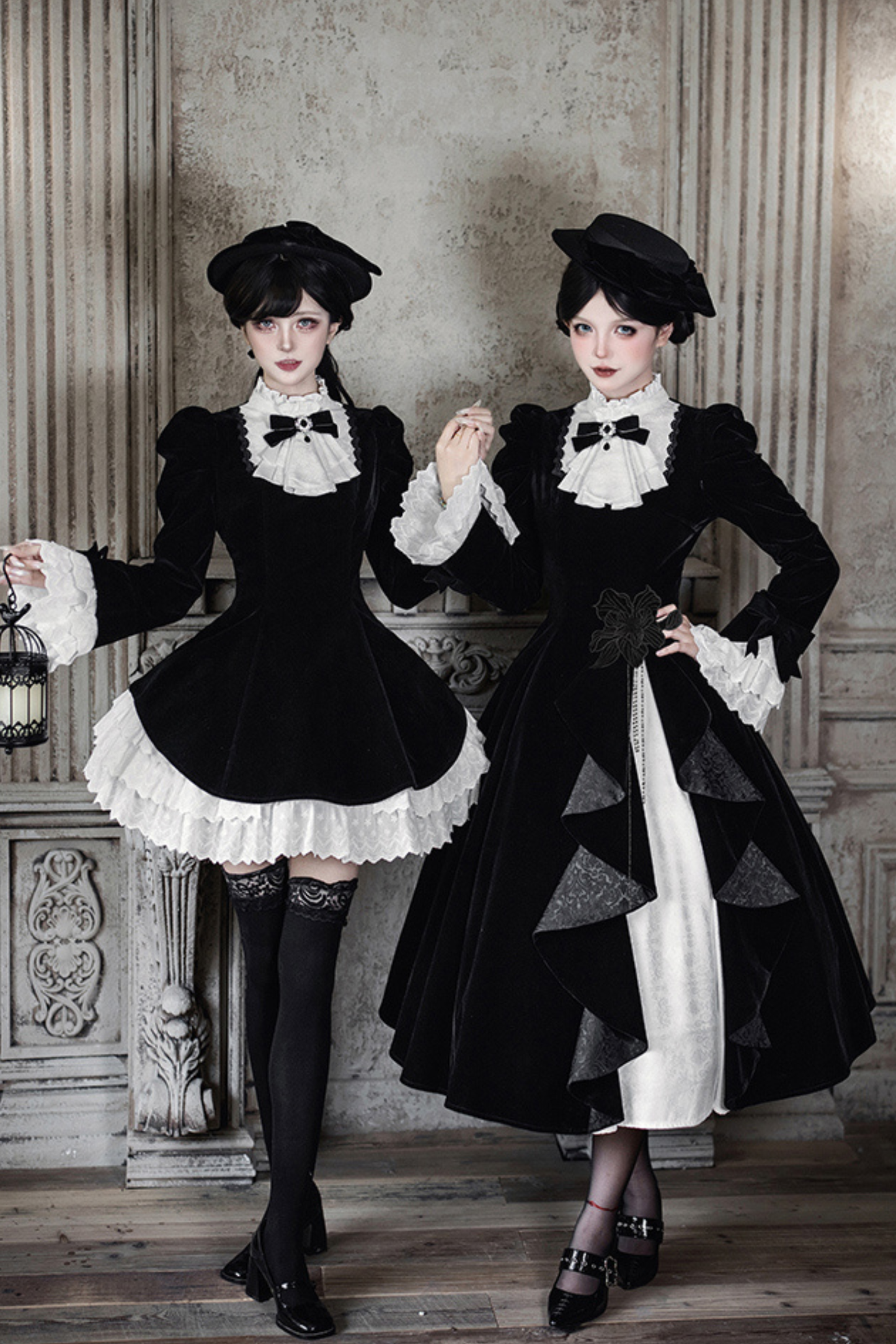 エレガントスリムコントラストカラーツインドレス+カラー+リボン+ブローチ+ハット