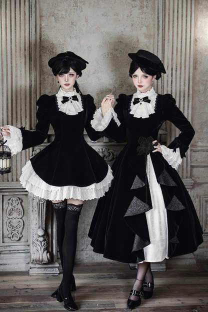 エレガントスリムコントラストカラーツインドレス+カラー+リボン+ブローチ+ハット