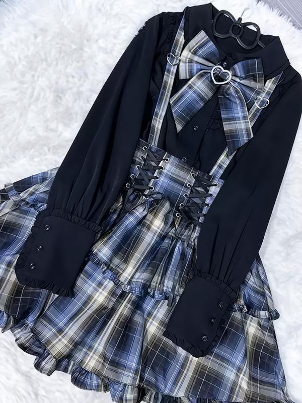 Subculture mine blouse + check suspender skirt + blazer