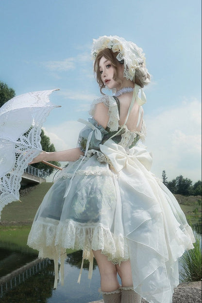 【8月23日予約締切】Romantic forest flower oil painting print classical Lolita tulle with overlay short JKS dress