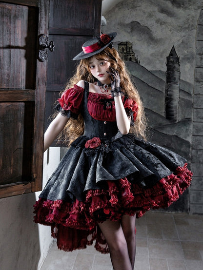 【4月28日预售截止】红蓝×黑色优雅哥特洛丽塔束身胸衣叠层JSK连衣裙+露肩蕾丝泡泡袖上衣