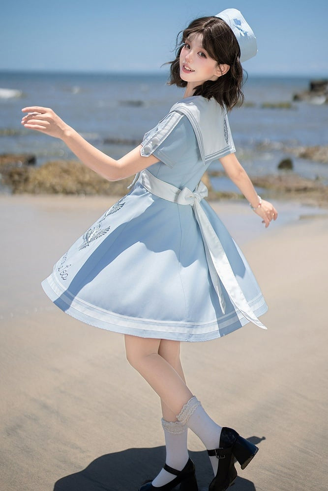【10月1日予約締切】Blue/White Sailor Collar Bird Embroidery Lolita Bow Dress