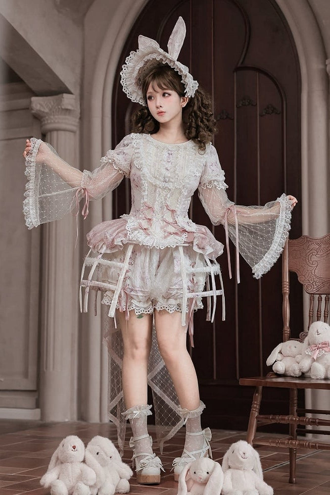 [Date limite de précommande : 6 octobre] Pink Castle Bunny ensemble poupée romantique avec haut corset à manches bouffantes en dentelle + short + surjupe à volants + surjupe cage à oiseaux Set 1/2/3