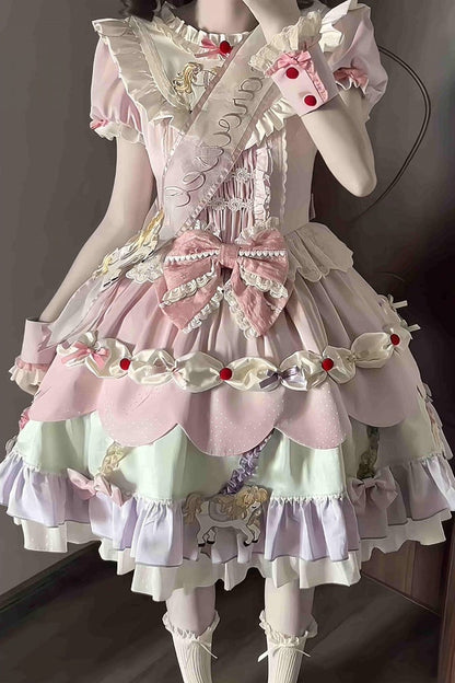 【8月20日予約締切】ピンク×パステルスイートロリータエンブロイダリーフリルリボンティアードドレス