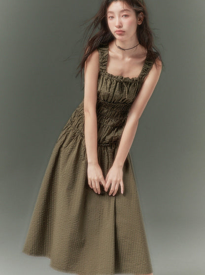 Dark Green Pleated Suspender Dress