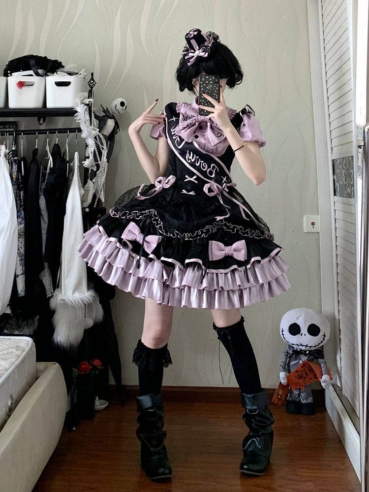 【5月12日予約締切】ブラックパープルロリータアイドルリボンパフスリーブシャツ＋コルセットチュールプルアップJKSドレスセットアップ