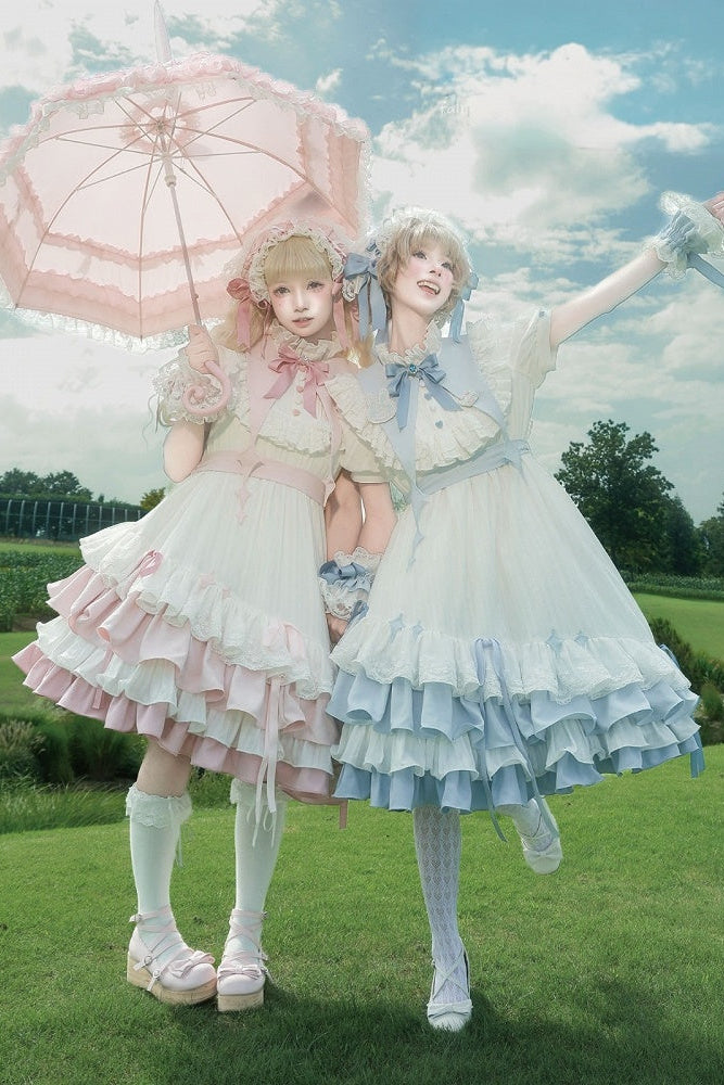 【8月29日予約締切】Blue x White/ Pink x White Doll Sweet Lolita Asymmetrical Ruffle Dress Full Set （with Pointed Collar + Bow Tie + Waist Belt）