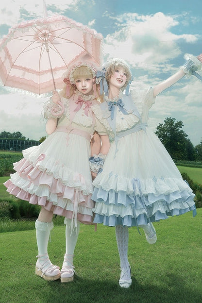 【8月29日予約締切】Blue x White/ Pink x White Doll Sweet Lolita Asymmetrical Ruffle Dress Full Set （with Pointed Collar + Bow Tie + Waist Belt）