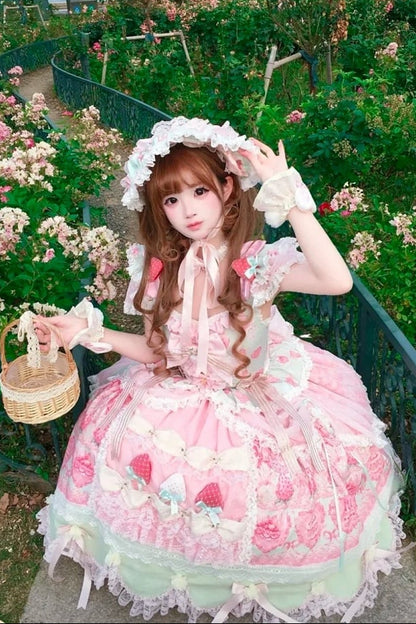 [Reservierungsschluss 26. Juni] Erdbeer-Sweet-Lolita-JKS-Kleid mit Spitze, Flatterärmeln, hochgezogenem Design und Tülllagen