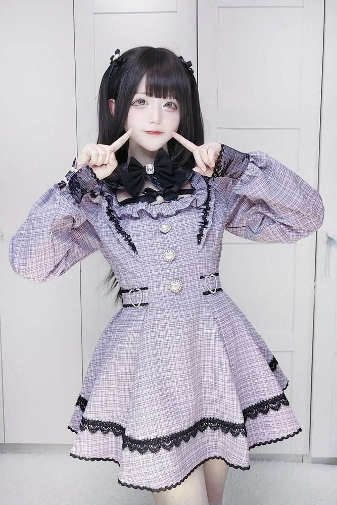 【12月18日予約締切】ジュエルリボンカラースイートレースチェックドレスセットアップ
