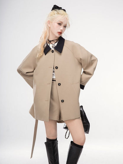 Poseidon Khaki Contrast Color Trench Jacket + Shorts