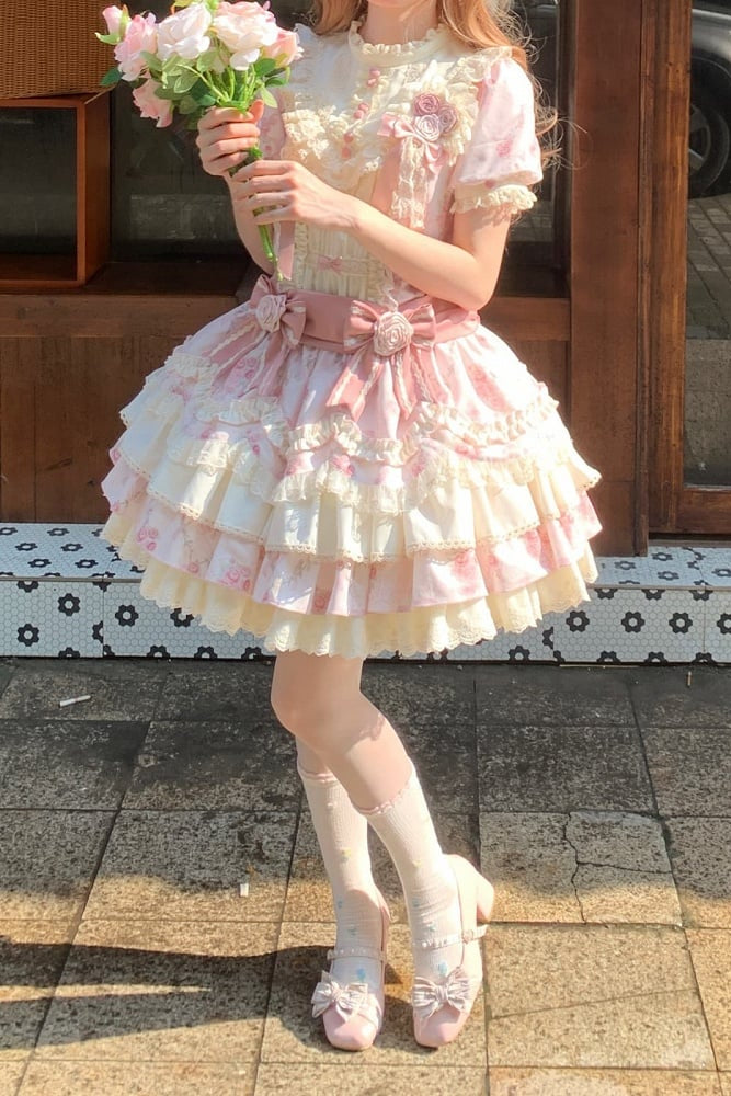 [Reservierungsschluss 7. September] Pink-blaues süßes Lolita-Stufenkleid mit romantischem Rosenprint