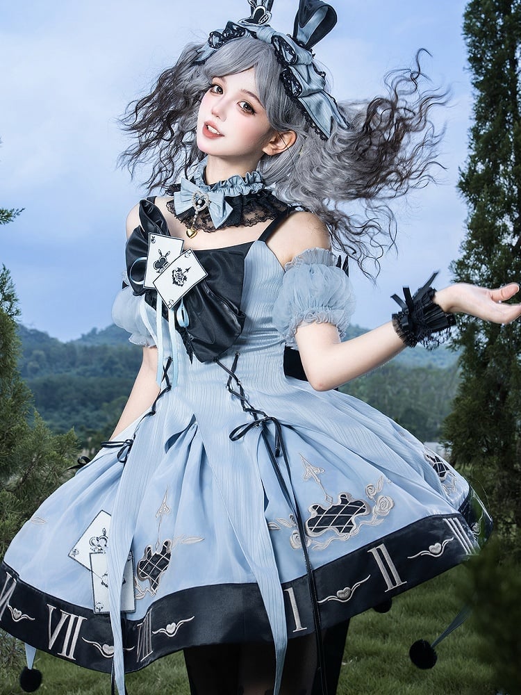 [Reservierungsschluss 10. Juli] Blau-schwarzes Alice-Gothic-Lolita-Komplettset mit Hasenohren-Haarreif und Kleid