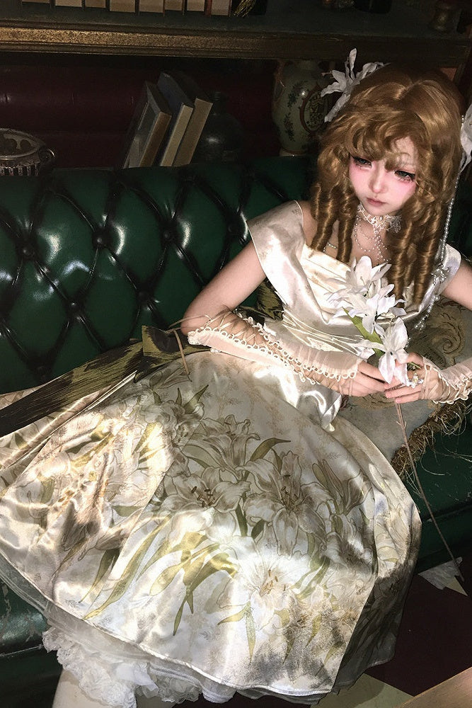[Reservierungsschluss 2. August] Elfenbeingold x Olivgrün elegantes klassisches Lolita-Kleid mit Lilienprint, Jacquard, Schnürung und Schleife