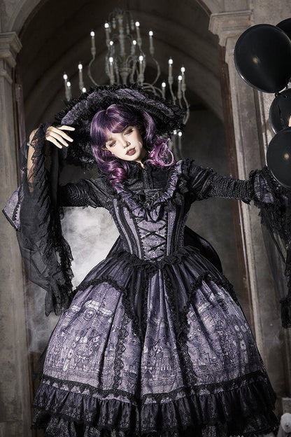【10月30日予約締切】Purple And Black Gothic Lolita Dress Complete Set [Bunny Ear Hat Version/Witch Hat Version] (Witch Print Bustier Dress + Black Short-Sleeved Blouse + Bat Wing Back Train + Detachable Princess Sleeves)
