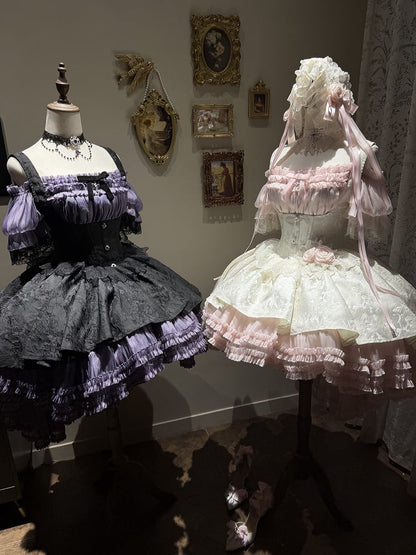 【4月28日予約締切】ピンク×ホワイトエレガントゴシックロリータコルセットレイヤードJSKドレス＋オフショルダーレースパフトップス