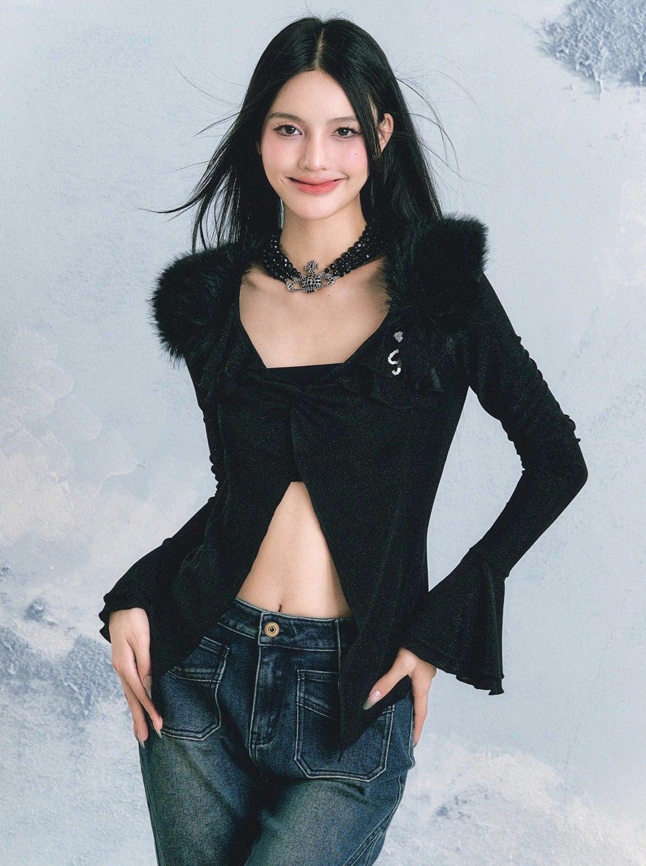 Splicing Fur Knit Slit Cardigan