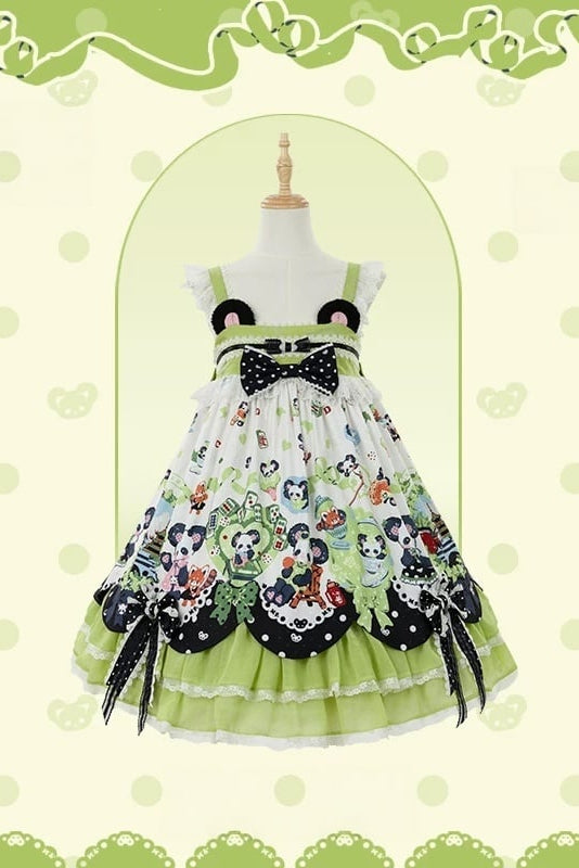 [Pre-order Deadline: October 25] Pink/Green Chinoiserie Lolita Sweet Panda Ear Bow High-Waist Tiered JSK Dress + Bow-Waist Panda Print Dress