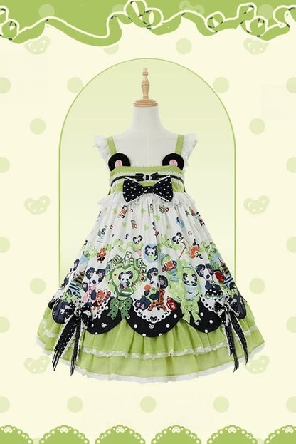 [Pre-order Deadline: October 25] Pink/Green Chinoiserie Lolita Sweet Panda Ear Bow High-Waist Tiered JSK Dress + Bow-Waist Panda Print Dress