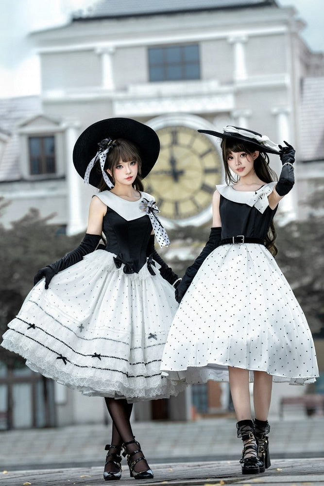 [Reservierungsfrist: 17. August] Accessoires der eleganten klassischen Lolita-Serie mit Polka Dots (schwarzer Hut mit Blumen-Schleifenclip floraler Brosche)