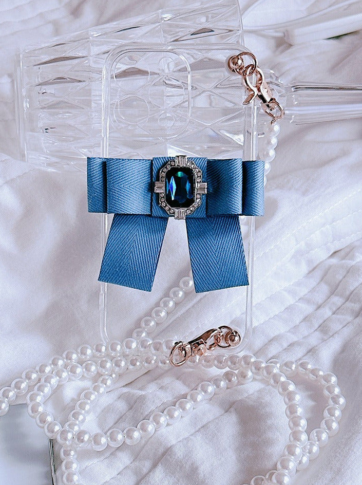 珍珠链水钻蓝丝带手机壳