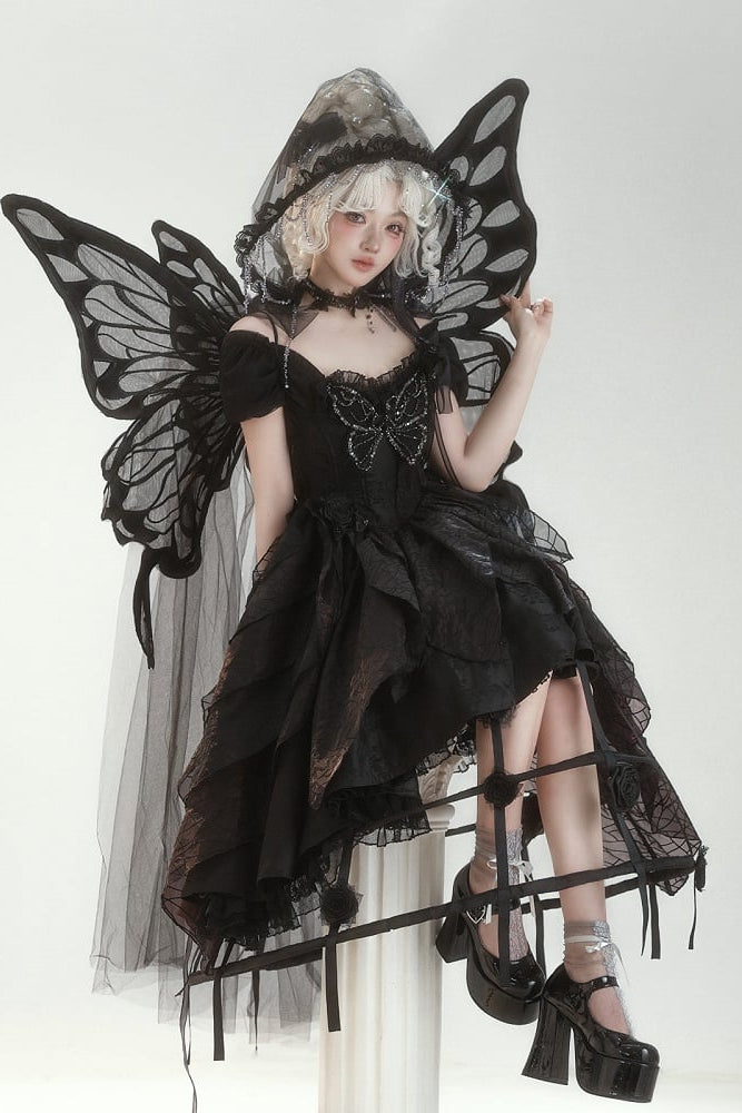 【10月28日予約締切】Black Butterfly Gothic Lolita Puff Sleeve Dress Top + Layered Ruffle Asymmetrical Hem Skirt Set (With Chest Brooch + Waist Brooch)