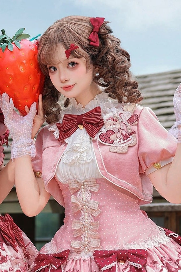 【8月10日予約締切】ストロベリーファンタジーリボンレースショートジャケット＋プリントスウィートロリータドレス＋セットアップ