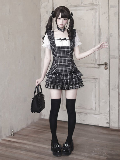 【4月29日予約締切】ブラックチェックフリルリボンパフスリーブミニドレスセットアップ＋チョーカー