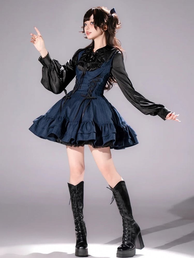 【12月29日予約締切】ゴシックロリータダークカラーストライプバッククロスフリルサスドレス