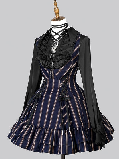 【12月29日予約締切】ゴシックロリータストライプバッククロスフリルサスドレス