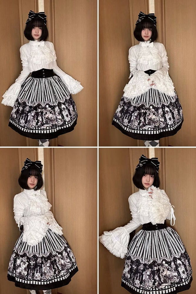 【10月3日予約締切】Black White Striped Gothic Rose Print Skirt(Short/Long)