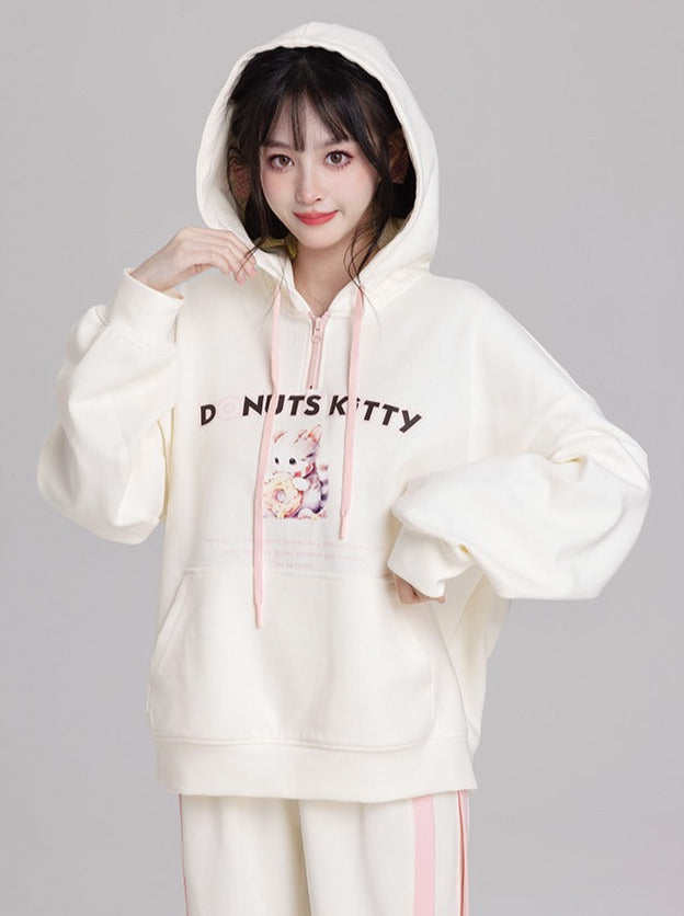 Salted fish wardrobe donut cat white hooded sweatshirt women's spring and autumn 2023 new sweet little man top
