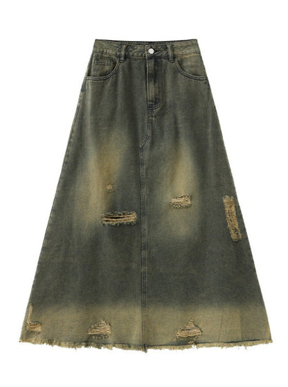 Retro color ripped denim A-line long skirt