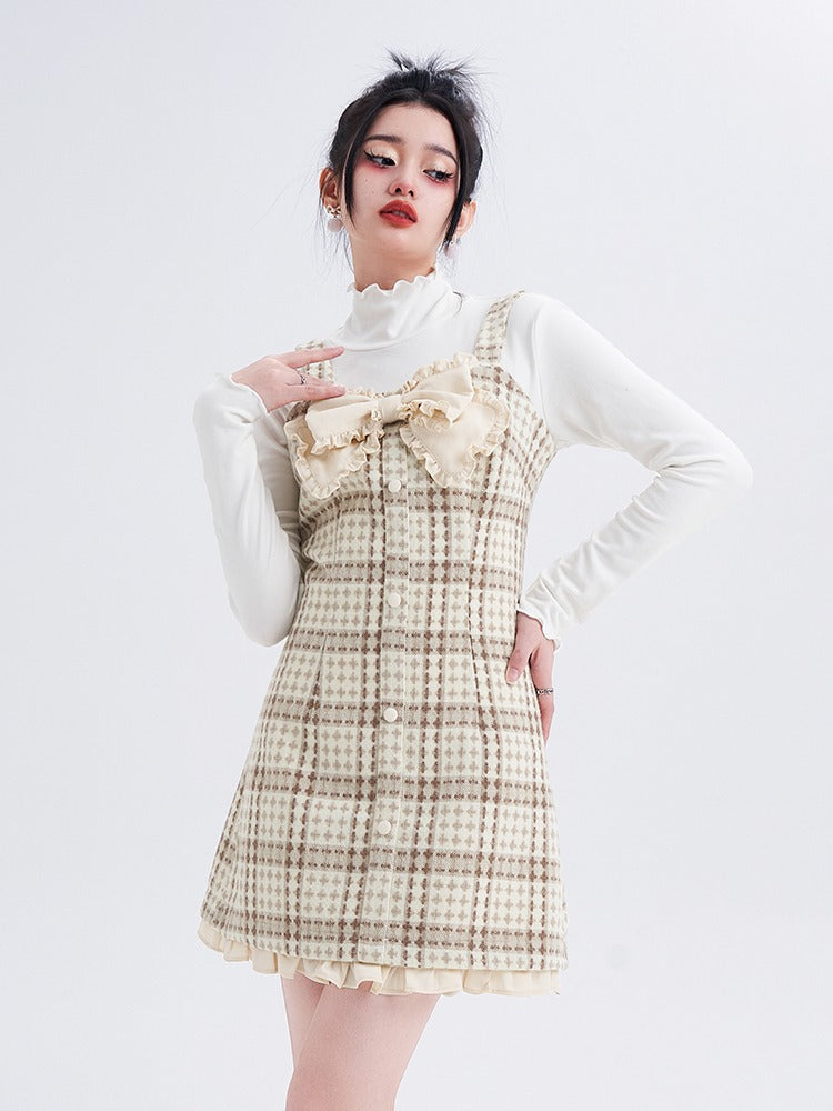 Check French Ribbon Suspender Skirt