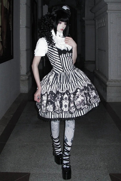 【10月3日予約締切】Black/White Elegant Gothic Puff Sleeve Shirt With Detachable Bell Sleeves And Frill Collar Jabot