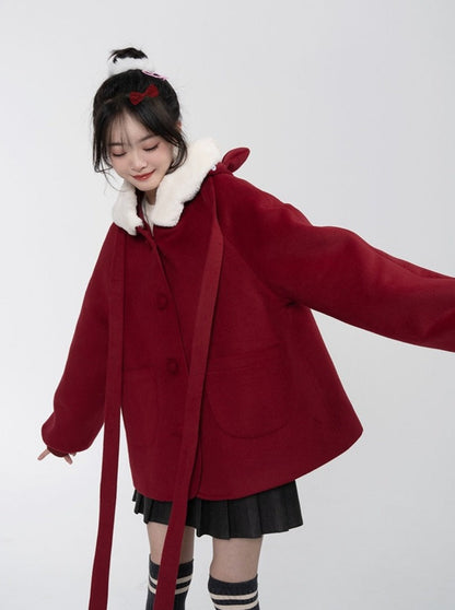 Wine Red Cat Hooded Short Wool Coat