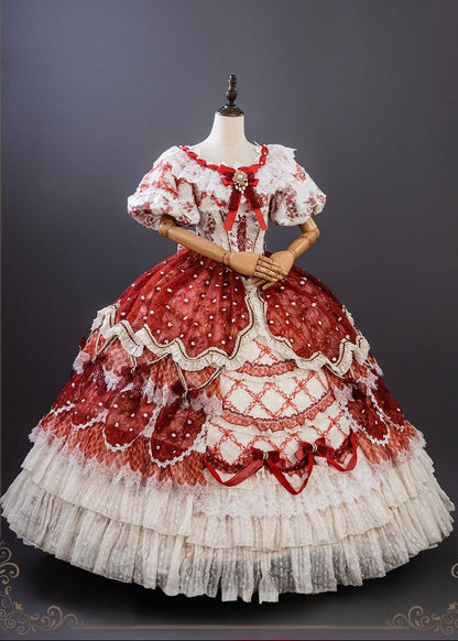 【9月10日予約締切】Red/Platinum Gold Rococo Fantasy Puff Sleeve Ribbon Tiered Princess Lolita Dress Bridal＋Full set[Op Dress + Feather Hat + Choker + Back Ribbon Train + Lace Gloves]