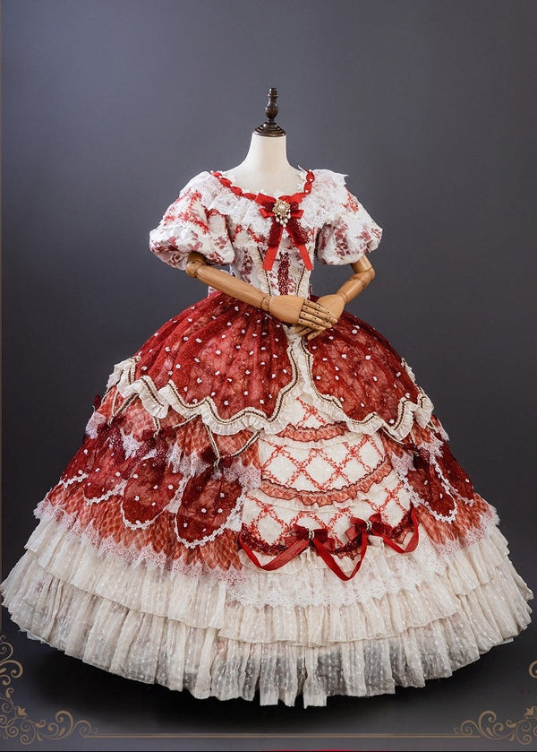 【9月10日予約締切】Red/Platinum Gold Rococo Fantasy Puff Sleeve Ribbon Tiered Princess Lolita Dress Bridal＋Full set[Op Dress + Feather Hat + Choker + Back Ribbon Train + Lace Gloves]