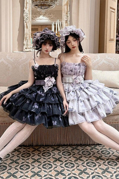 [Scadenza prenotazione 98] Mini abito dolce Lolita a balze con ricamo di gigli, fiocco e farfalla Black x Purple / White x Purple