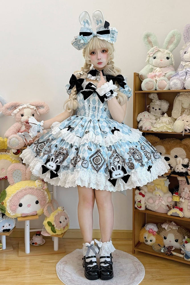 [Reservierungsschluss 30. Juni] Blau-weißes Alice-im-Wunderland Sweet-Lolita-Schleifen-Schürzen-OP-Kleid + Komplettset 1/2