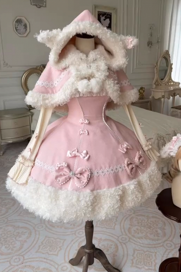 [Pre-order Deadline: November 7] Yellow/Pink Sweet Lolita Lace Ribbon Fluffy Hem JSK Dress + Fur-Trimmed Sheep-Ear Hooded Cape + Ruffle-Neck Ribbed Bell-Sleeve Top Set 1/2 + Full Set