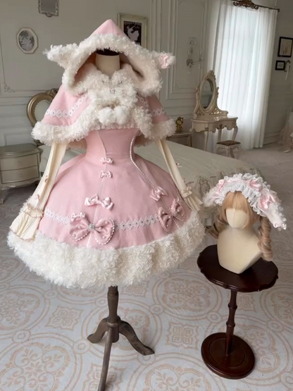 【11月7日予約締切】Yellow/Pink Sweet Lolita Fur Trim Sheep Ear Hooded Bow Cape (Reversible Plush Hooded Cape)
