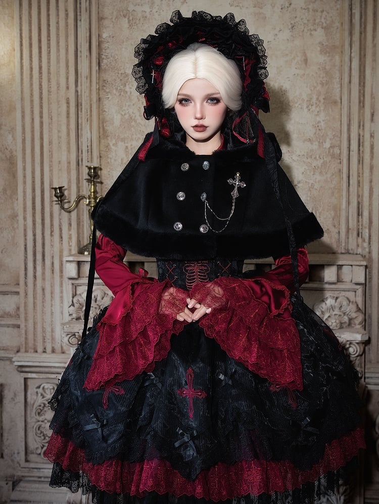 【12月8日予約締切】Black Mist Banquet ゴシックフーディーファーケープコート＋クロスチェーンブローチ