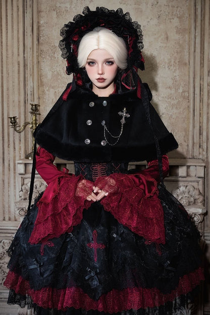 Black Mist Banquet Gothic Cross Rose Bonnet + Veil + Brooch