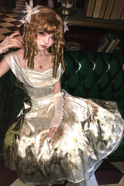 [Reservierungsschluss 2. August] Elfenbeingold x Olivgrün elegantes klassisches Lolita-Kleid mit Lilienprint, Jacquard, Schnürung und Schleife