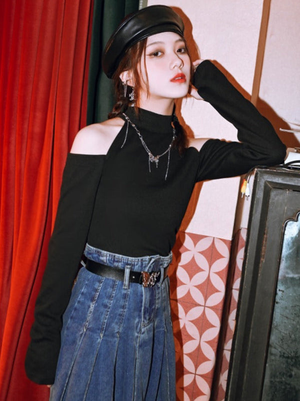 ハイネックオフショルダーブラックロングスリーブトップス