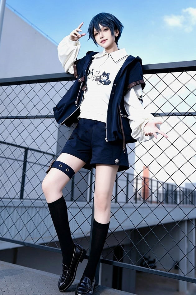【9月25日予約締切】Prince Style Street Casual Cat Ear Hooded Short-Sleeve Jacket + Dog Print Top + Shorts with Leg Rings＋Full Set
