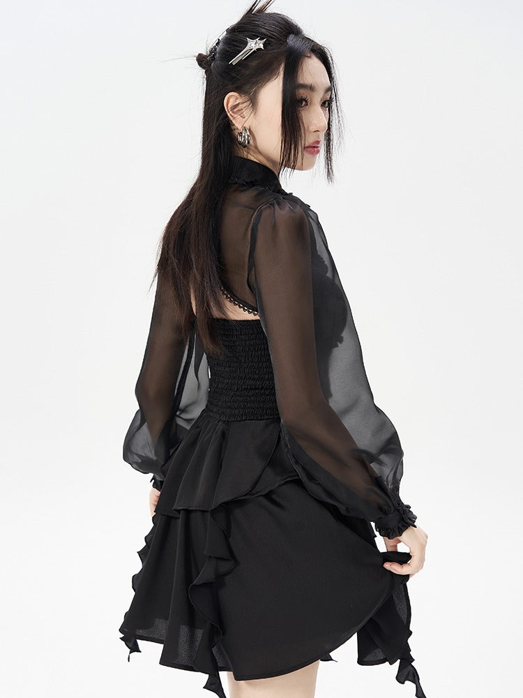 Sheer Lantern Sleeve Black Chiffon Short Jacket